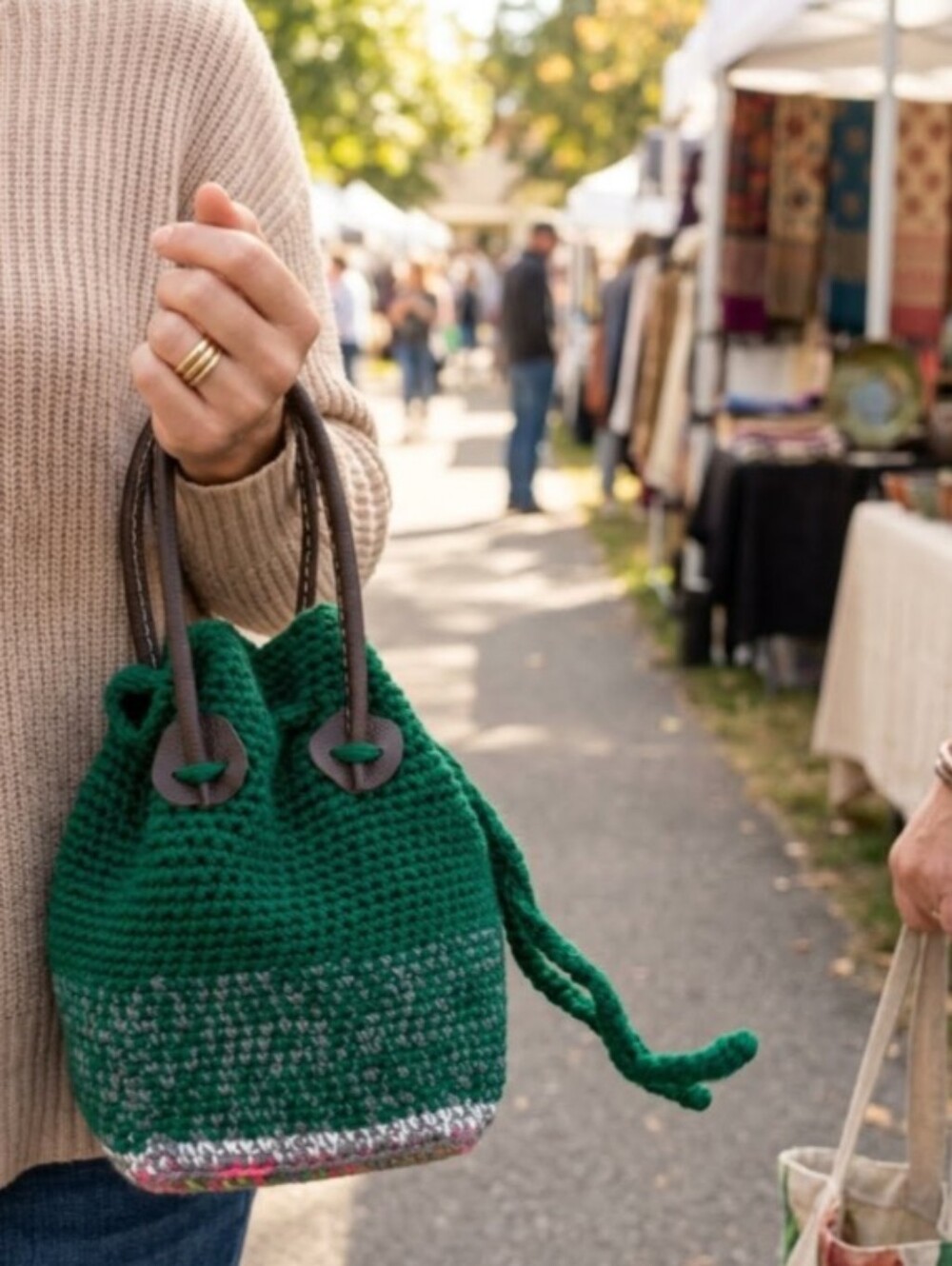 Handmade Crochet Drawstring Bucket Bag Green Brown Rolled Leather Handles